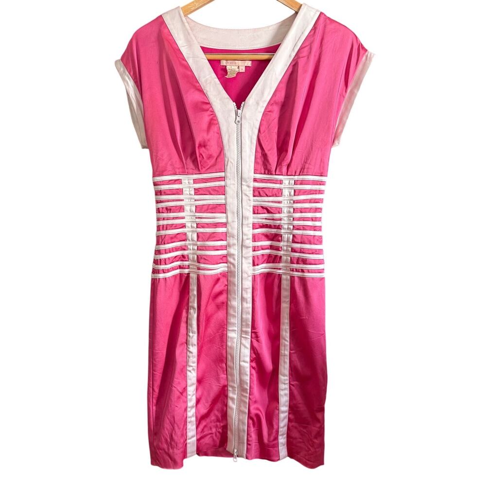 90's Vintage Issue Pink Stretch Satin Retrosport style Piped Dress | 8